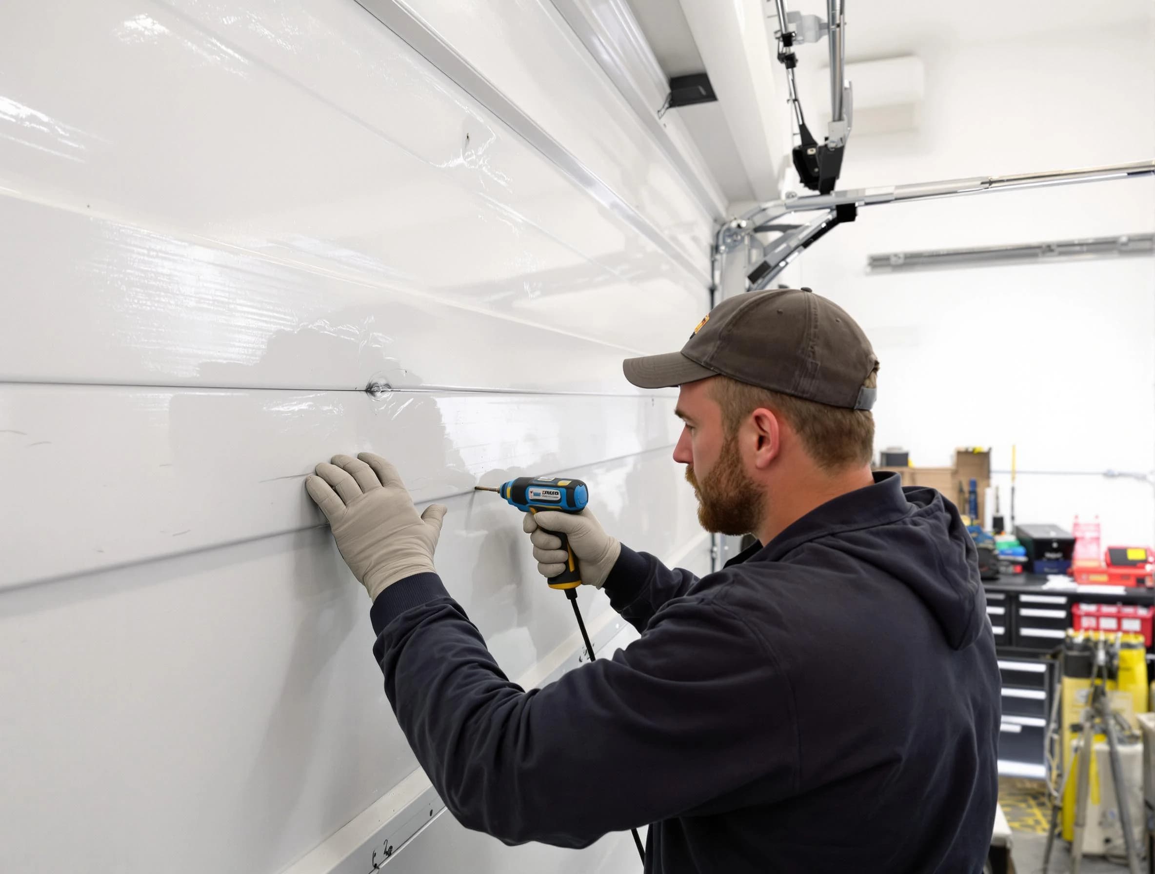 Cecil Garage Door Repair technician demonstrating precision dent removal techniques on a Cecil garage door